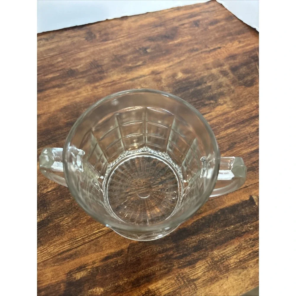 Vintage Federal Glass ClearWaffle Pattern Double Handle SugarBowl Starburst Base